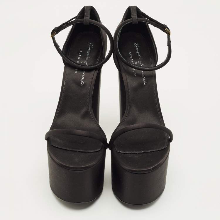 Pre Owned Sergio Rossi Size 41.5 Black Satin Platform Strappy Block Heel Sandals