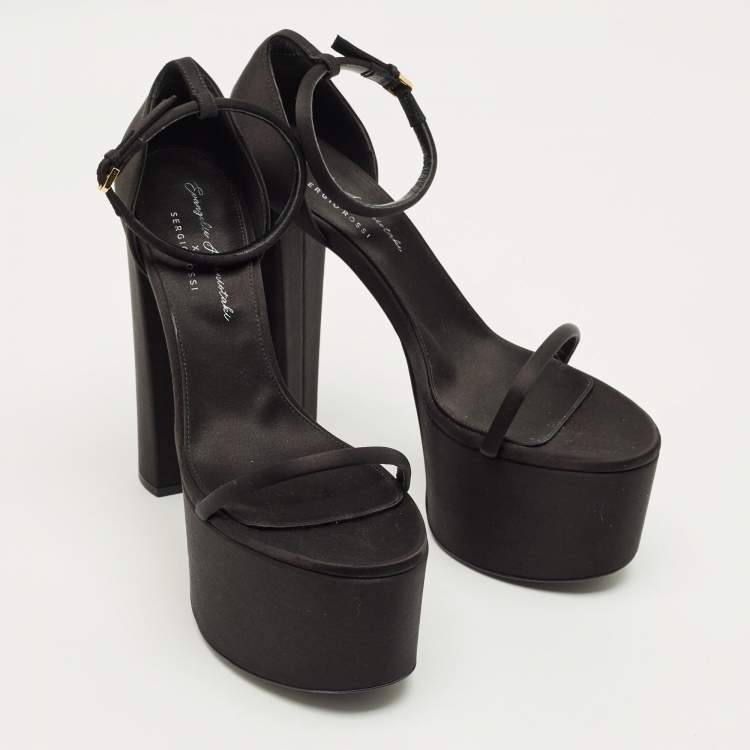 Pre Owned Sergio Rossi Size 41.5 Black Satin Platform Strappy Block Heel Sandals