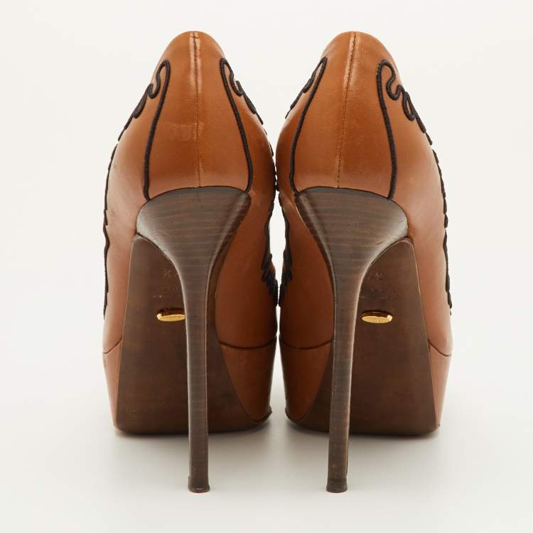 Pre Owned Sergio Rossi Size 37.5 Brown Leather Peep Toe Pumps