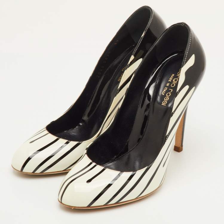 Pre Owned Sergio Rossi Size 37 White/Black Patent Leather Drip Paint Pumps