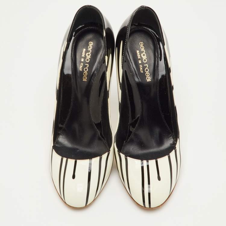 Pre Owned Sergio Rossi Size 37 White/Black Patent Leather Drip Paint Pumps