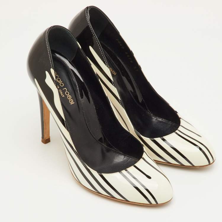 Pre Owned Sergio Rossi Size 37 White/Black Patent Leather Drip Paint Pumps