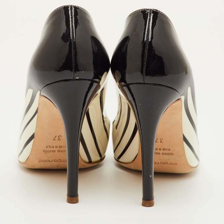 Pre Owned Sergio Rossi Size 37 White/Black Patent Leather Drip Paint Pumps
