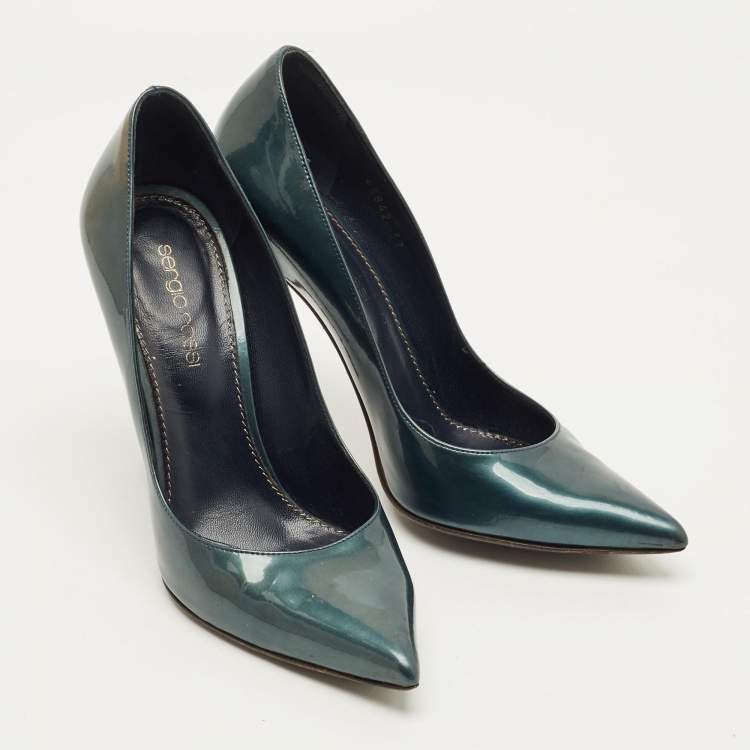مملوكة مسبقًا Sergio Rossi Godiva Size 37 Metallic Green Patent Leather Pointed Toe Pumps