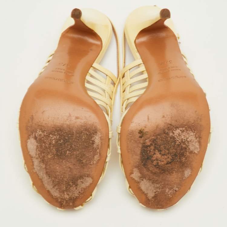 Pre Owned Sergio Rossi Size 37.5 Cream Patent Leather Cut Out Slingback Sandals