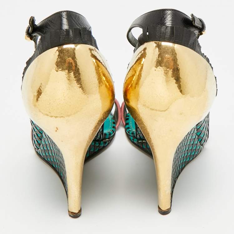 Pre Owned Sergio Rossi Size 39 Multicolor Leather and Metal Ankle Strap Wedge Sandals