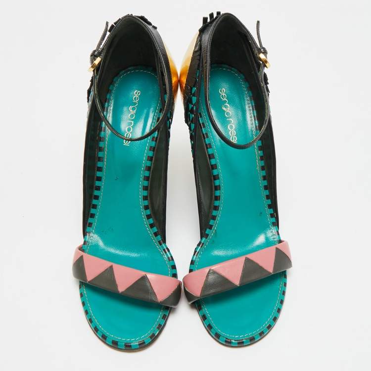 Pre Owned Sergio Rossi Size 39 Multicolor Leather and Metal Ankle Strap Wedge Sandals