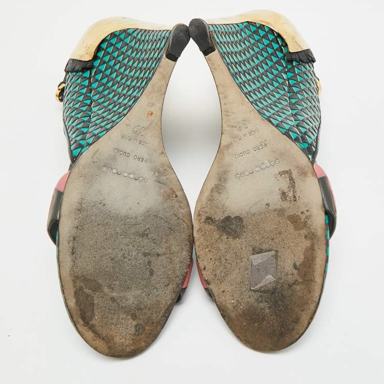 Pre Owned Sergio Rossi Size 39 Multicolor Leather and Metal Ankle Strap Wedge Sandals