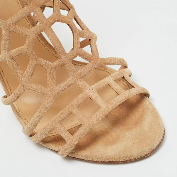 Pre Owned Sergio Rossi Puzzle Size 41 Beige Cut Out Suede Ankle Length Boots