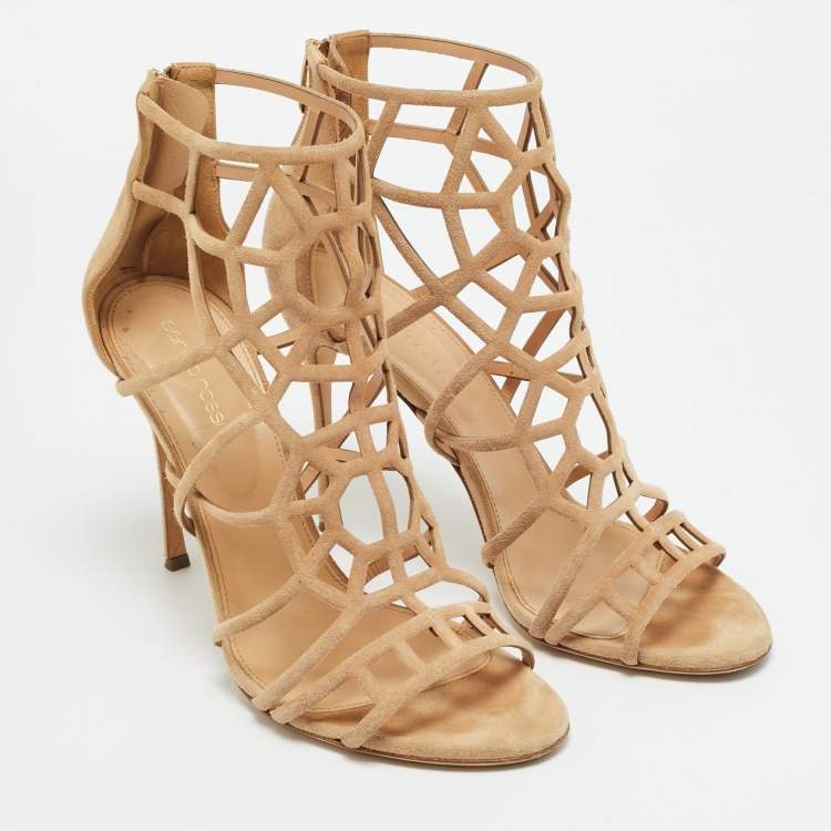 Pre Owned Sergio Rossi Puzzle Size 41 Beige Cut Out Suede Ankle Length Boots