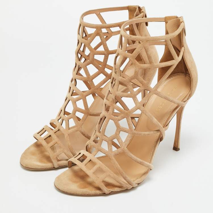 Pre Owned Sergio Rossi Puzzle Size 41 Beige Cut Out Suede Ankle Length Boots