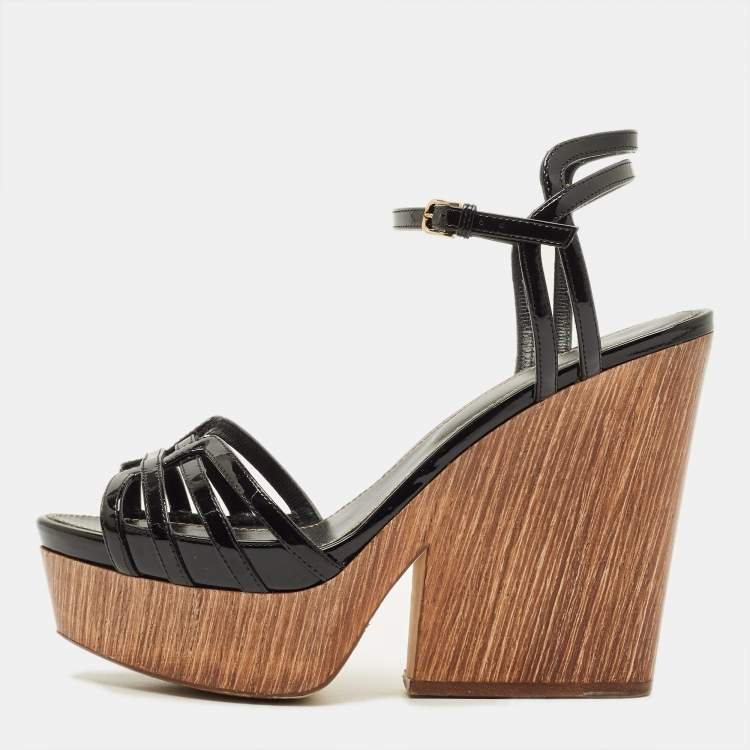 Pre Owned Sergio Rossi Size 38 Black Patent Leather Wedge Sandals