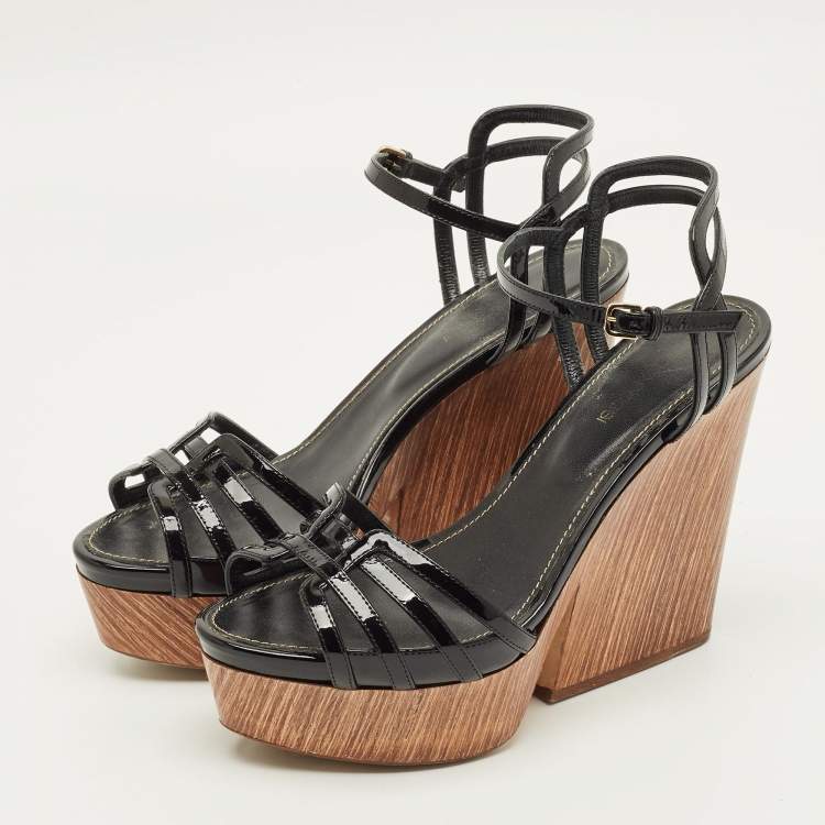 Pre Owned Sergio Rossi Size 38 Black Patent Leather Wedge Sandals
