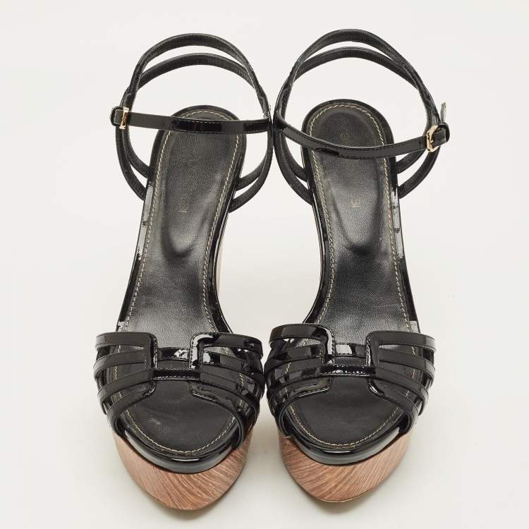 Pre Owned Sergio Rossi Size 38 Black Patent Leather Wedge Sandals