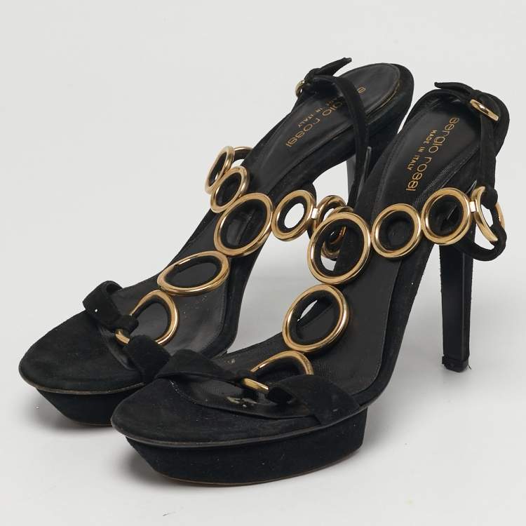 Pre Owned Sergio Rossi Size 40 Black/Gold Metal and T-Strap Platform Slingback Sandals