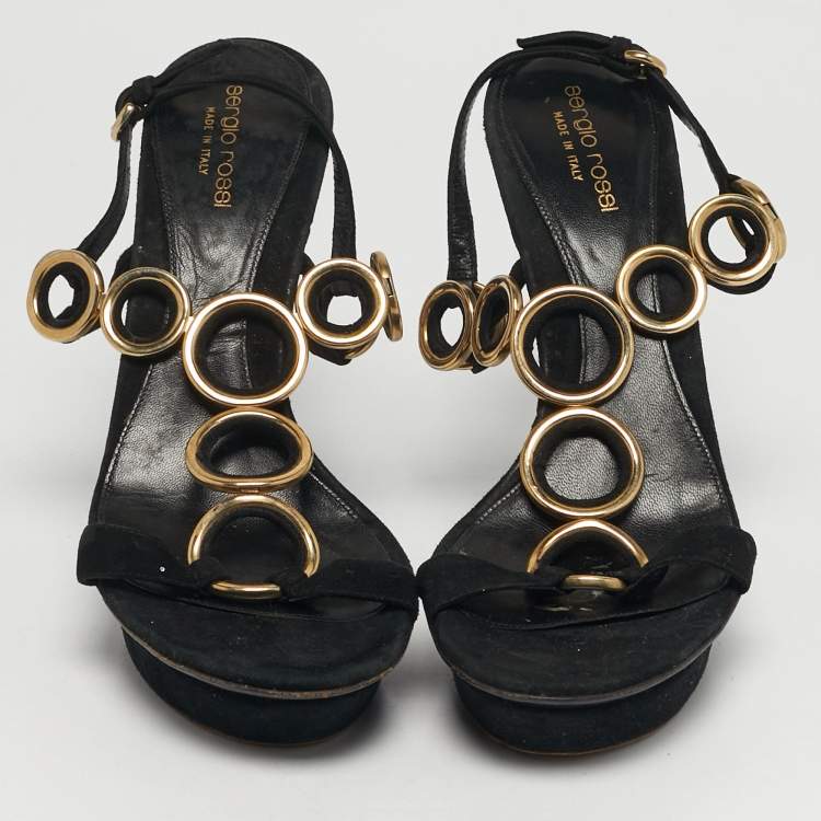 Pre Owned Sergio Rossi Size 40 Black/Gold Metal and T-Strap Platform Slingback Sandals