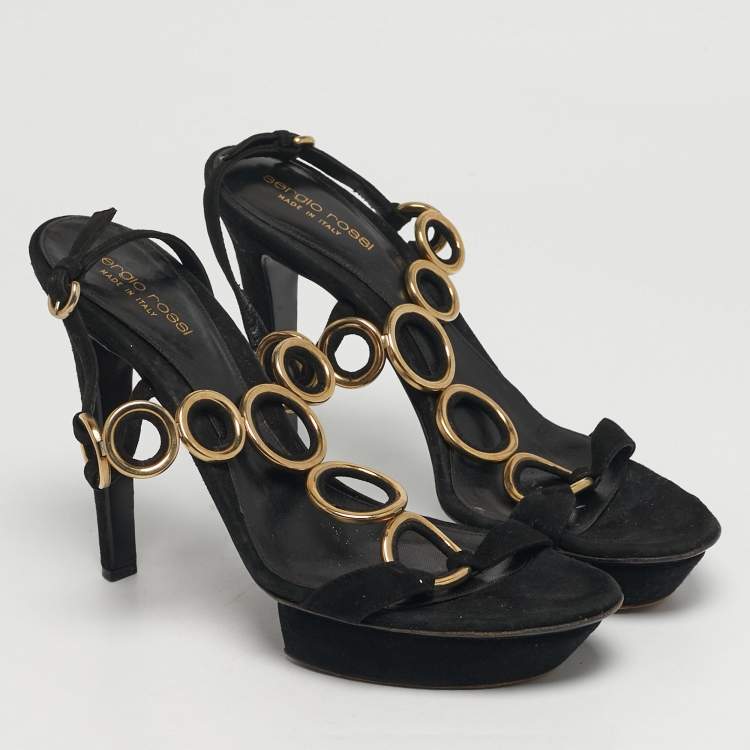Pre Owned Sergio Rossi Size 40 Black/Gold Metal and T-Strap Platform Slingback Sandals