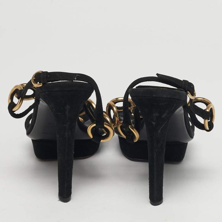 Pre Owned Sergio Rossi Size 40 Black/Gold Metal and T-Strap Platform Slingback Sandals