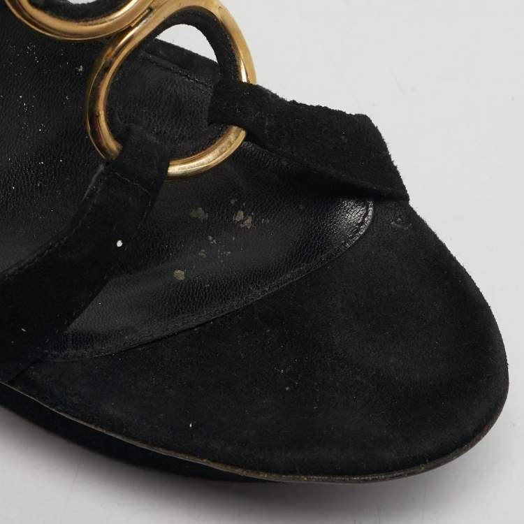 Pre Owned Sergio Rossi Size 40 Black/Gold Metal and T-Strap Platform Slingback Sandals