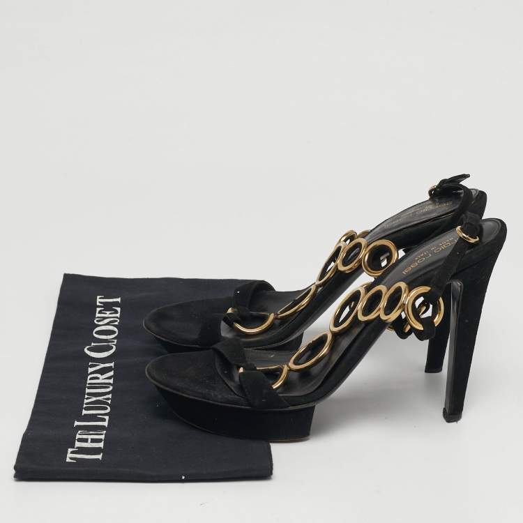 Pre Owned Sergio Rossi Size 40 Black/Gold Metal and T-Strap Platform Slingback Sandals