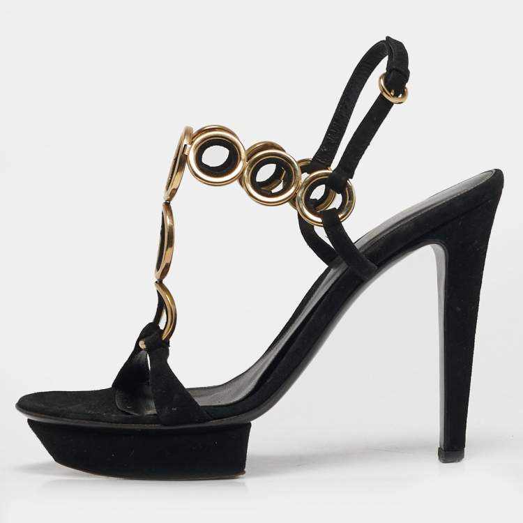 Pre Owned Sergio Rossi Size 40 Black/Gold Metal and T-Strap Platform Slingback Sandals