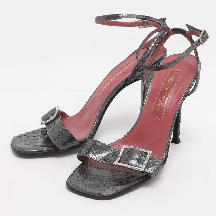 Pre Owned Sergio Rossi Buckle Size 37 Grey Python Leather Ankle Strap Sandals