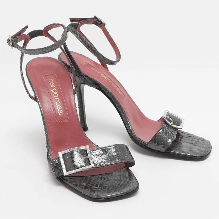 Pre Owned Sergio Rossi Buckle Size 37 Grey Python Leather Ankle Strap Sandals