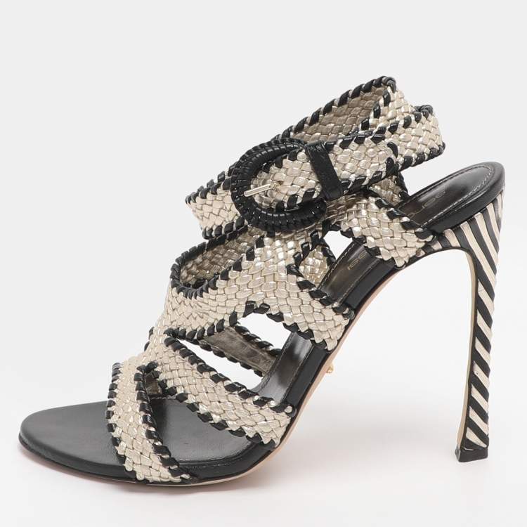 Pre Owned Sergio Rossi Size Gold/Black Woven Leather Ankle Strap Sandals