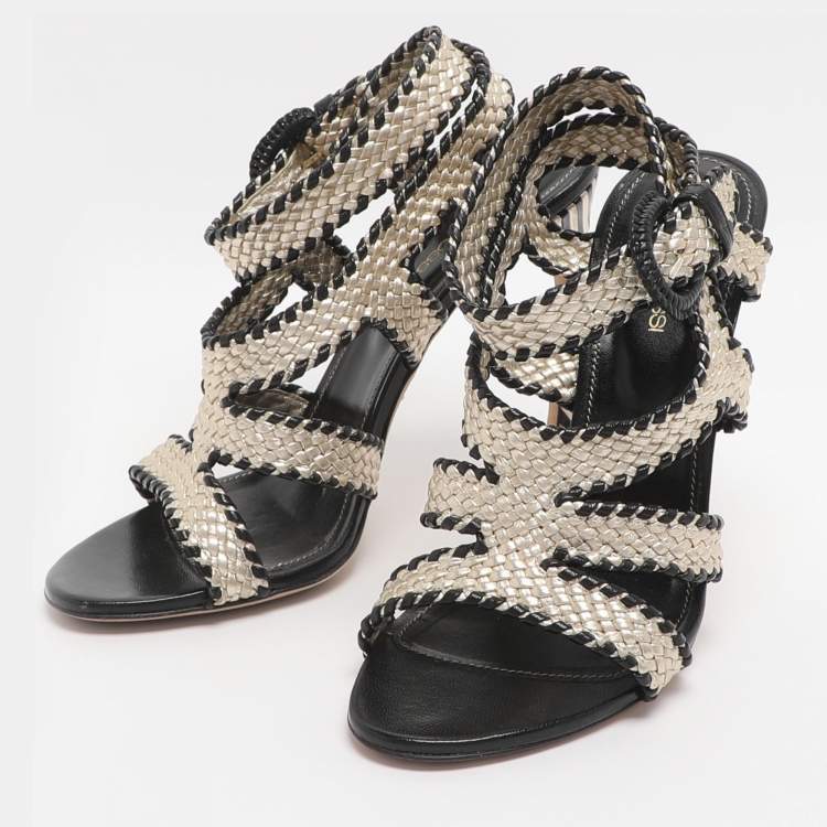 Pre Owned Sergio Rossi Size Gold/Black Woven Leather Ankle Strap Sandals