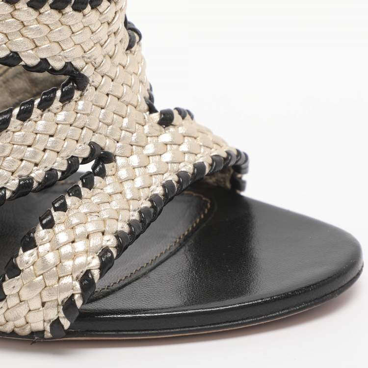 Pre Owned Sergio Rossi Size Gold/Black Woven Leather Ankle Strap Sandals