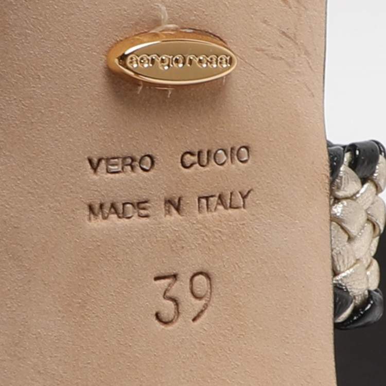 Pre Owned Sergio Rossi Size Gold/Black Woven Leather Ankle Strap Sandals