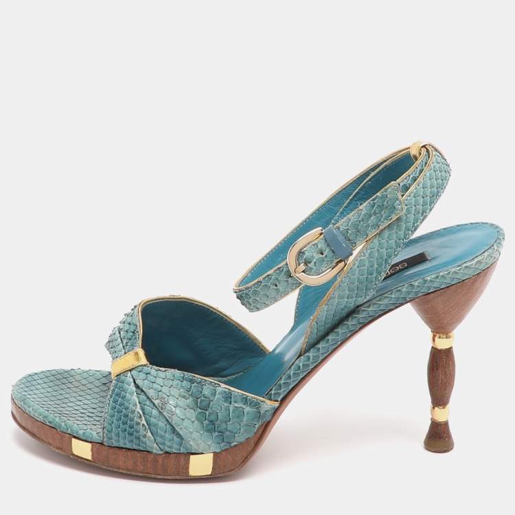 Pre Owned Sergio Rossi Size 37 Blue Python Leather Ankle Strap Sandals