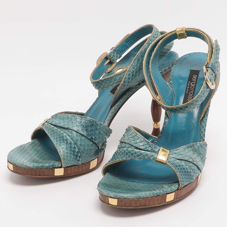 Pre Owned Sergio Rossi Size 37 Blue Python Leather Ankle Strap Sandals