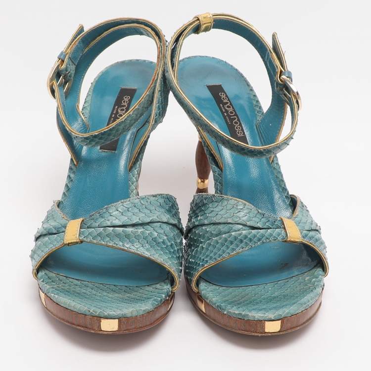 Pre Owned Sergio Rossi Size 37 Blue Python Leather Ankle Strap Sandals