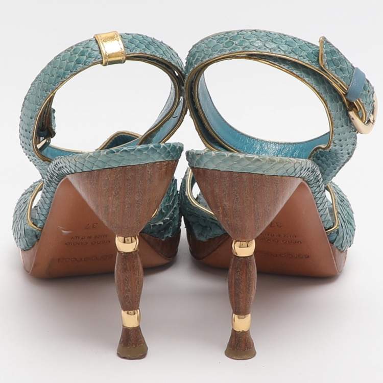 Pre Owned Sergio Rossi Size 37 Blue Python Leather Ankle Strap Sandals
