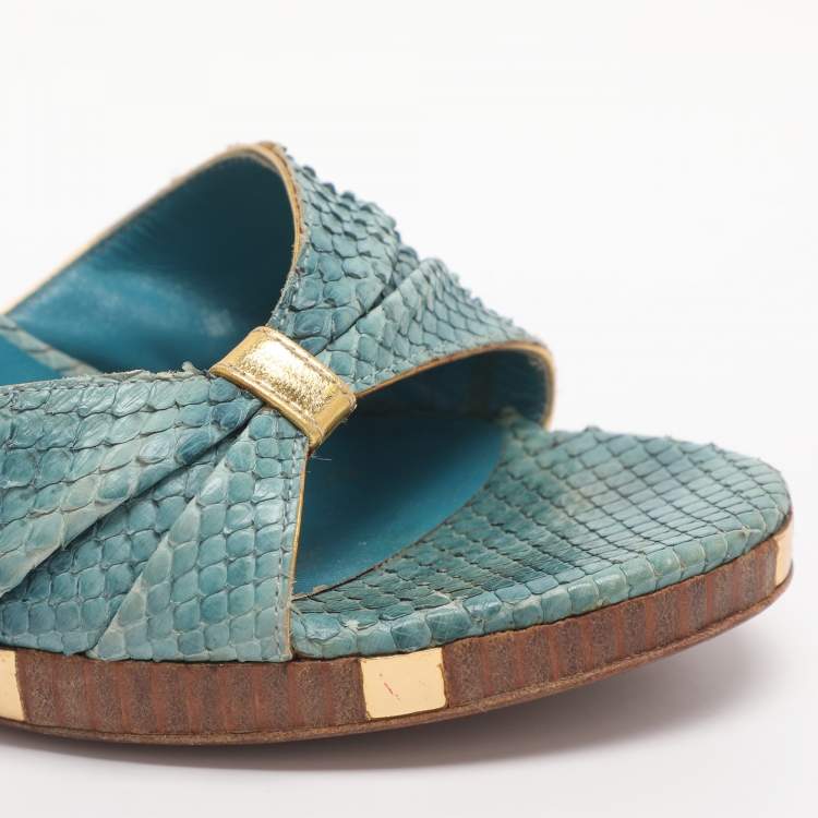 Pre Owned Sergio Rossi Size 37 Blue Python Leather Ankle Strap Sandals