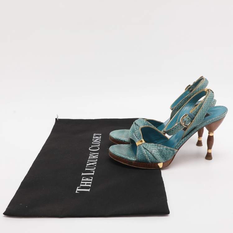 Pre Owned Sergio Rossi Size 37 Blue Python Leather Ankle Strap Sandals