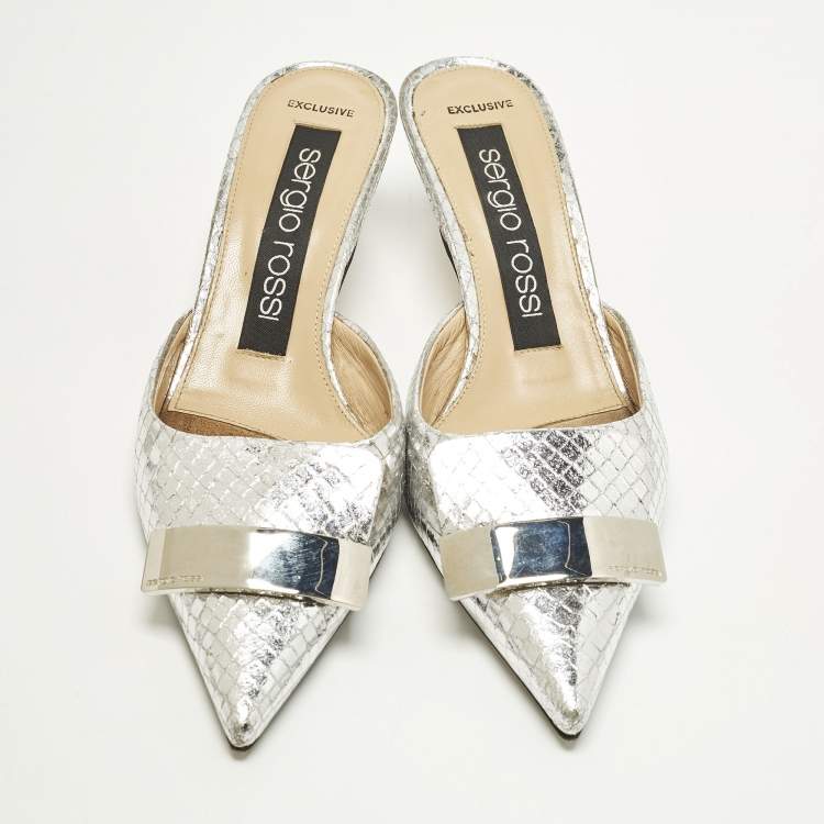 Pre Owned Sergio Rossi Size 36 Silver Croc Embossed Leather Mules