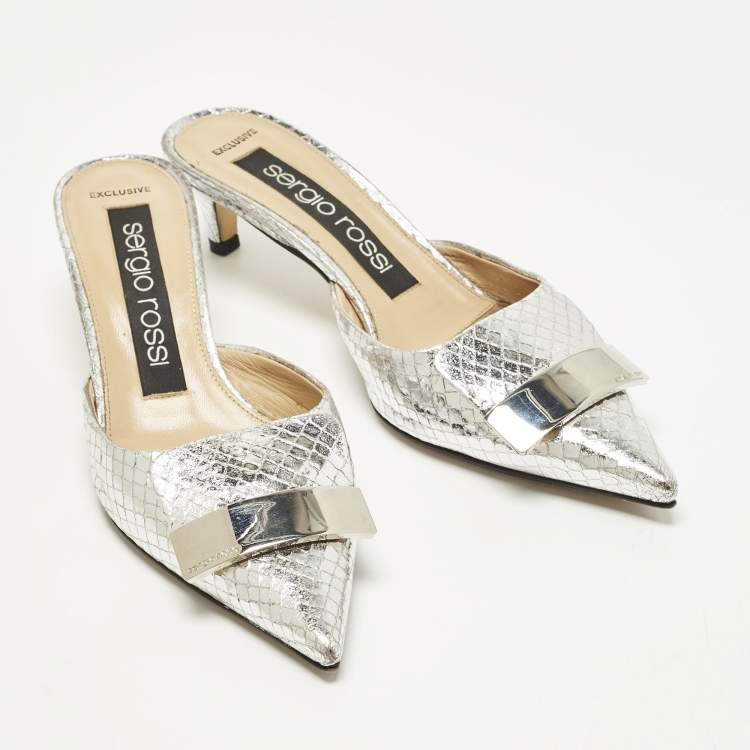 Pre Owned Sergio Rossi Size 36 Silver Croc Embossed Leather Mules