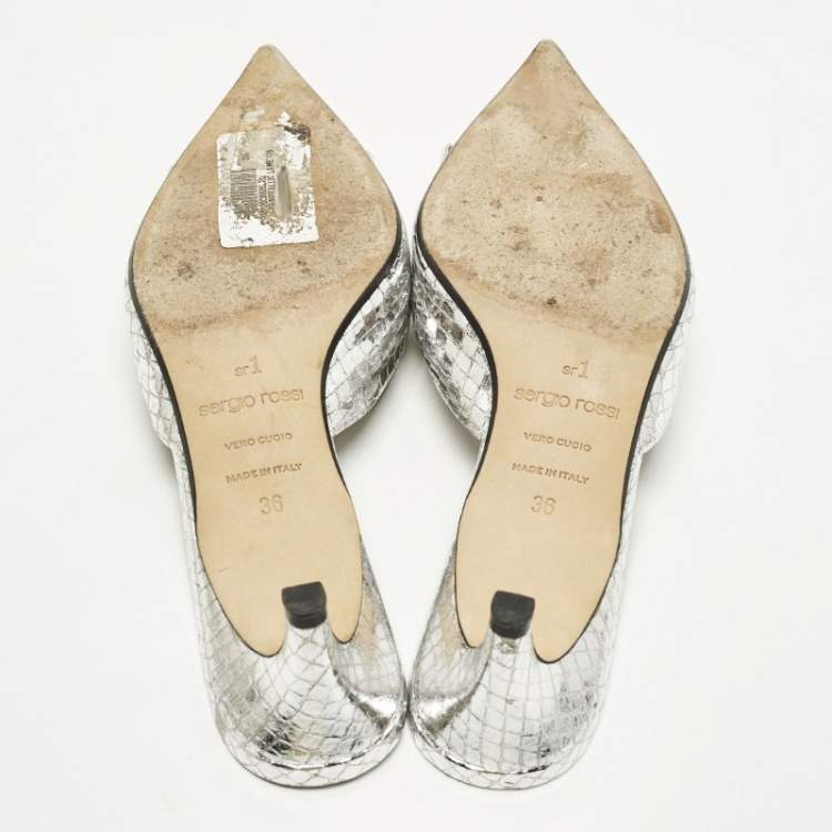 Pre Owned Sergio Rossi Size 36 Silver Croc Embossed Leather Mules