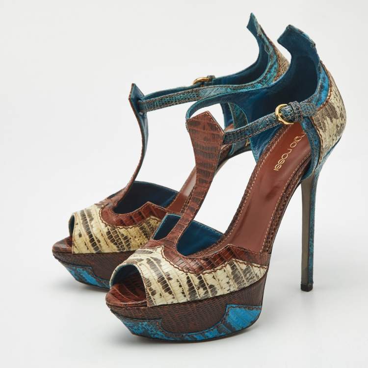 Pre Owned Sergio Rossi Size 37 Multicolor Karung Leather and Lizard Leather Ankle Strap Sandals