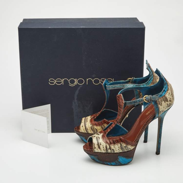 Pre Owned Sergio Rossi Size 37 Multicolor Karung Leather and Lizard Leather Ankle Strap Sandals