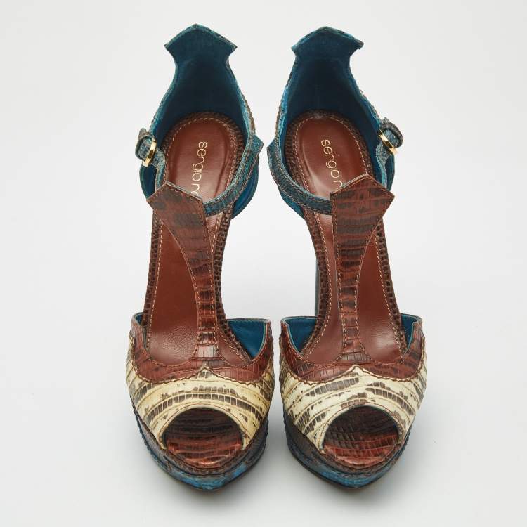 Pre Owned Sergio Rossi Size 37 Multicolor Karung Leather and Lizard Leather Ankle Strap Sandals