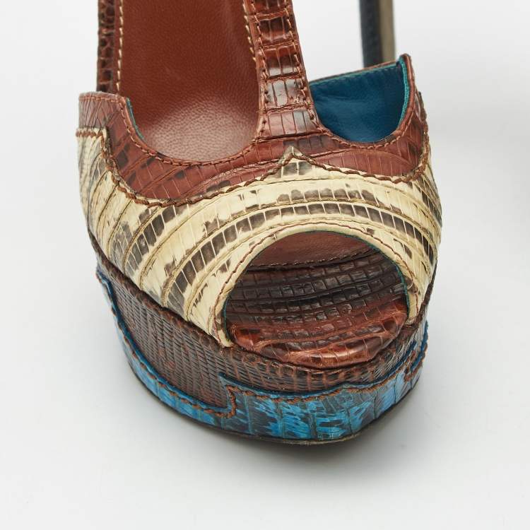 Pre Owned Sergio Rossi Size 37 Multicolor Karung Leather and Lizard Leather Ankle Strap Sandals