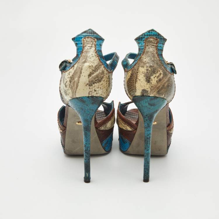 Pre Owned Sergio Rossi Size 37 Multicolor Karung Leather and Lizard Leather Ankle Strap Sandals