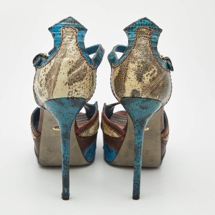 Pre Owned Sergio Rossi Size 37 Multicolor Karung Leather and Lizard Leather Ankle Strap Sandals