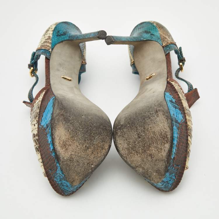 Pre Owned Sergio Rossi Size 37 Multicolor Karung Leather and Lizard Leather Ankle Strap Sandals