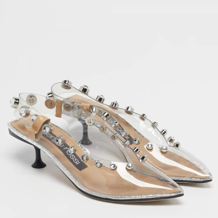 Pre Owned Sergio Rossi Size 37 Transparent PVC Crystal Embellished Slingback Pumps