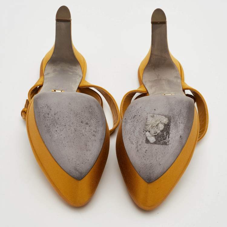 Pre Owned Sergio Rossi Size 37.5 Mustard Yellow Satin Ankle Strap Platform Sandals