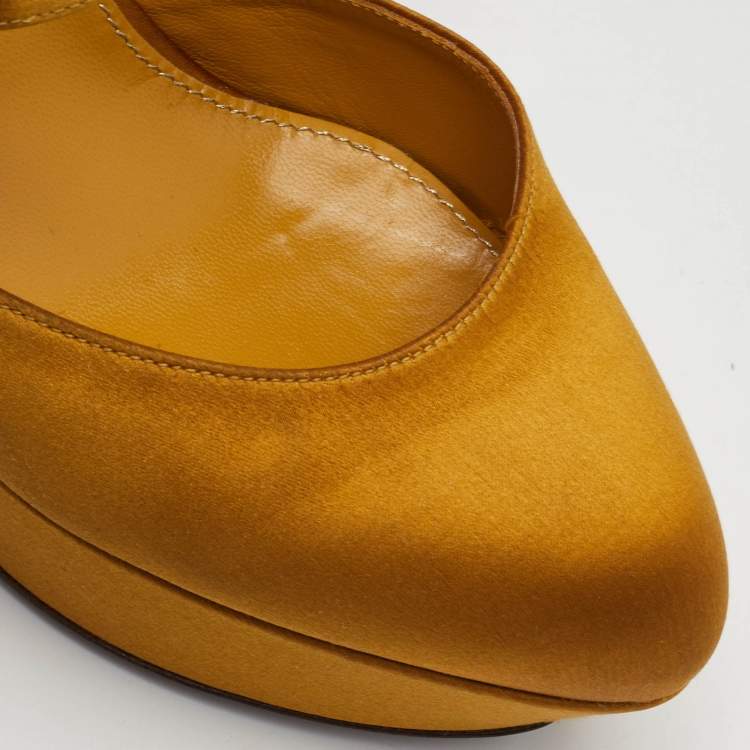 Pre Owned Sergio Rossi Size 37.5 Mustard Yellow Satin Ankle Strap Platform Sandals